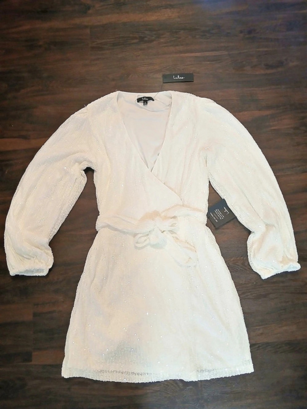 Lulus Sparkly Darling White Sequin Long Sleeve Wrap Dress Wrap Mini Dress Size